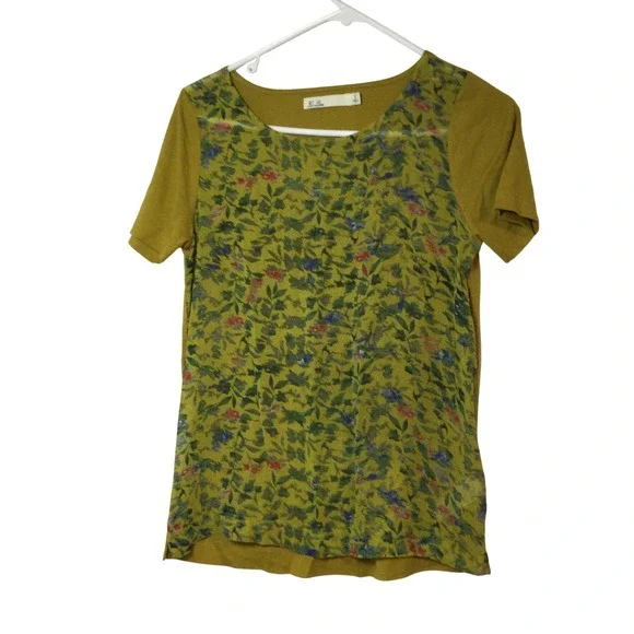 Hi-Line Floral Print Top Olive Green Short Sleeve Casual Top Size S (299) - Picture 1 of 10